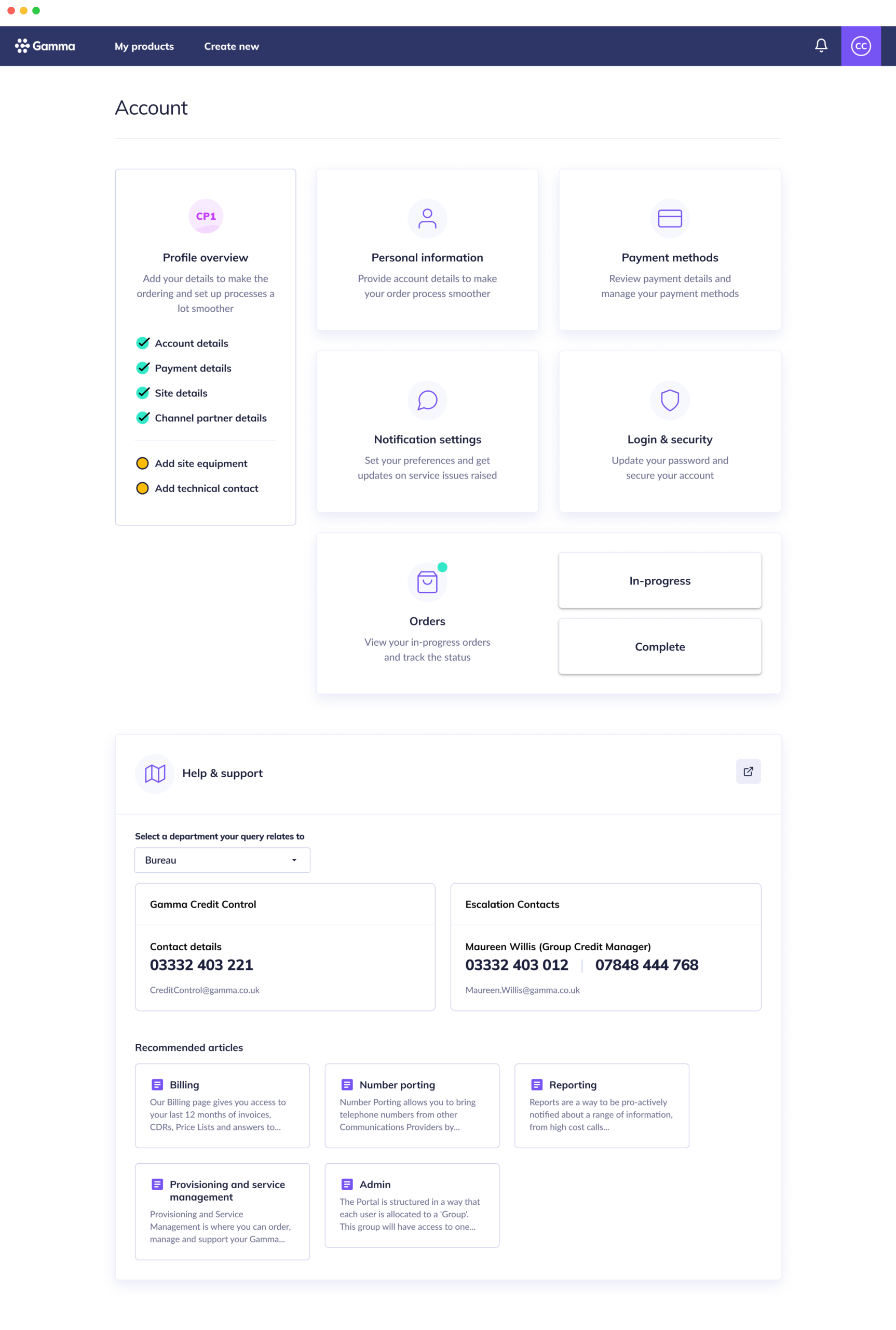 Account area - Help details