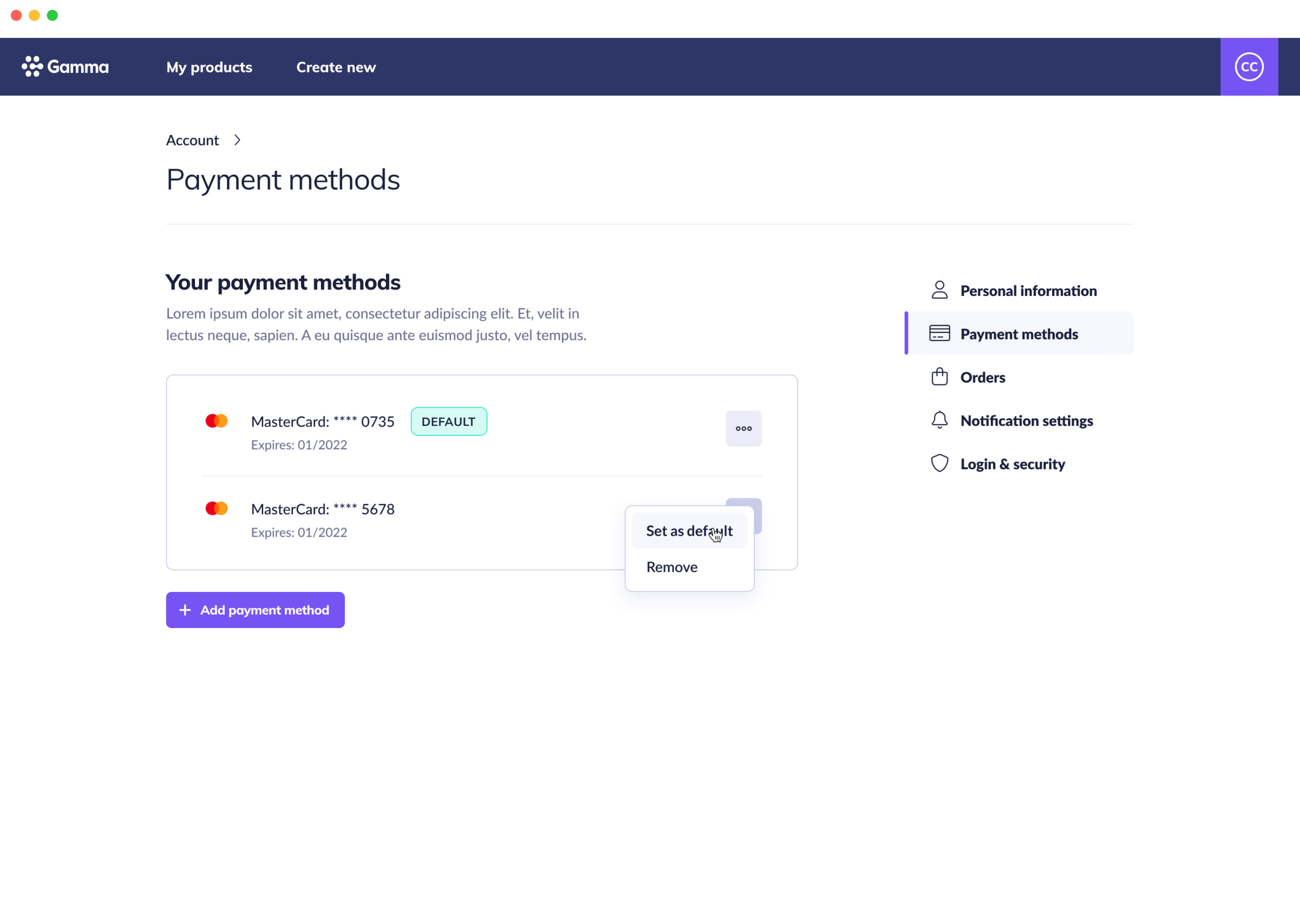 Account - payment methods
